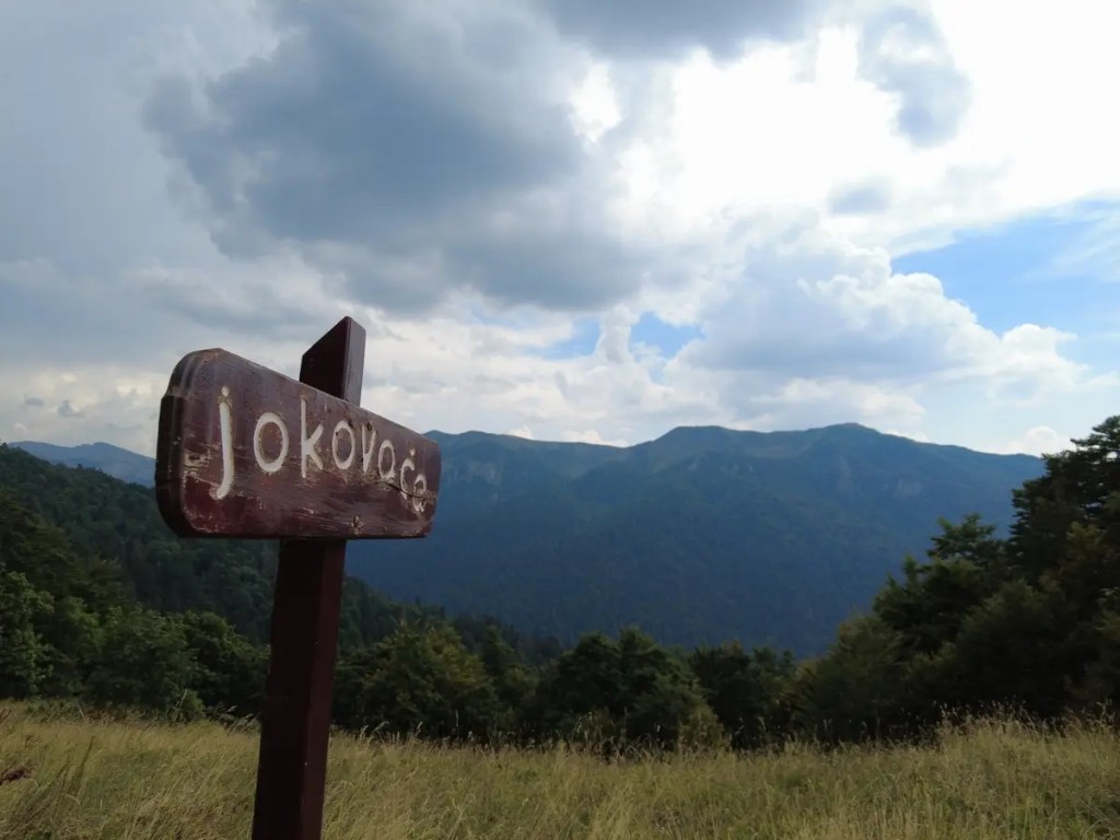 Panneau en bois marqué 'Jokovaca', sur le sentier menant au point de vue du Bendovac, entouré de montagnes verdoyantes au Monténégro.